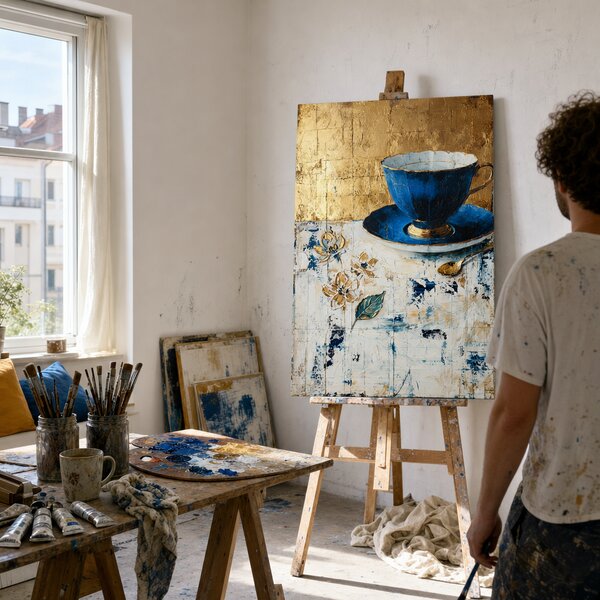 Tablou cu ceașcă de ceai albastră și detalii aurii – artă pe pânză cu finisaje pictate manual - 40x60 cm