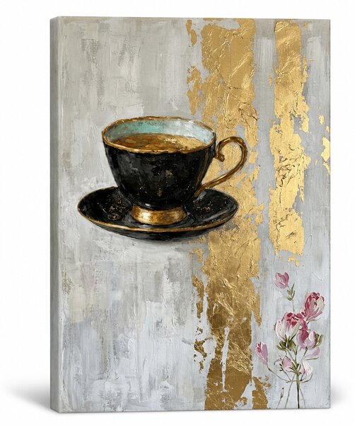 Tablou canvas cu ceașcă de cafea și detalii pictate manual - 40x60 cm