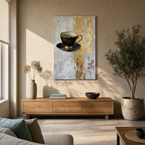 Tablou canvas cu ceașcă de cafea și detalii pictate manual - 40x60 cm