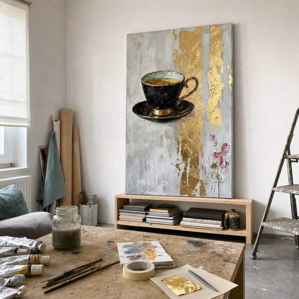 Tablou canvas cu ceașcă de cafea și detalii pictate manual - 40x60 cm