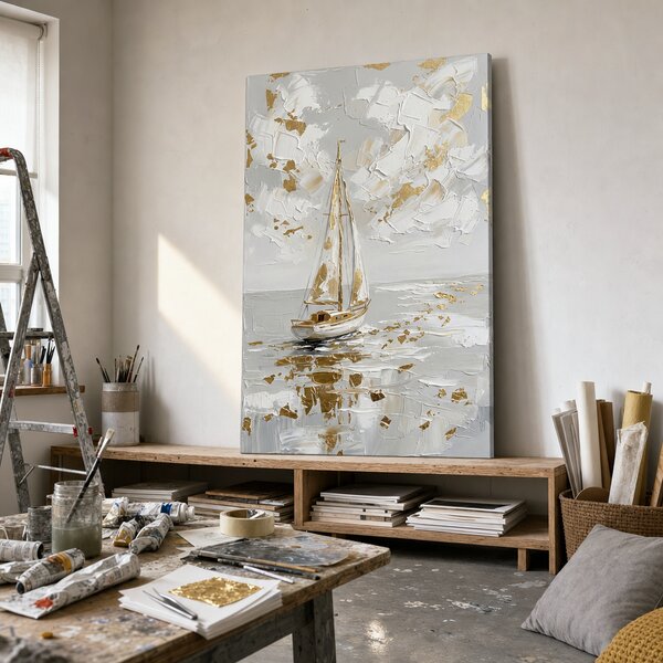 Tablou cu velier pe mare – decor mural cu detalii pictate manual - 40x60 cm