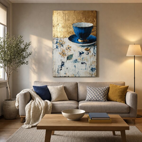 Tablou cu ceașcă de ceai albastră și detalii aurii – artă pe pânză cu finisaje pictate manual - 40x60 cm