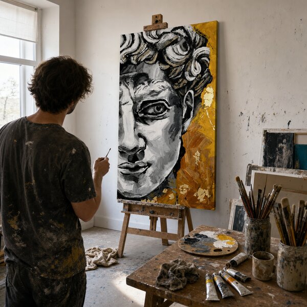 Tablou cu statuia antică a lui David pe pânză – cu detalii pictate manual - 40x80 cm