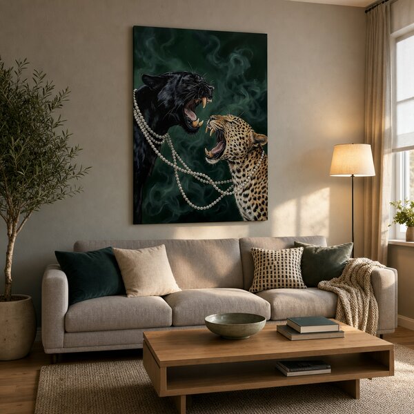 Tablou modern cu două feline sălbatice și colier de perle pe pânză - 40x60 cm