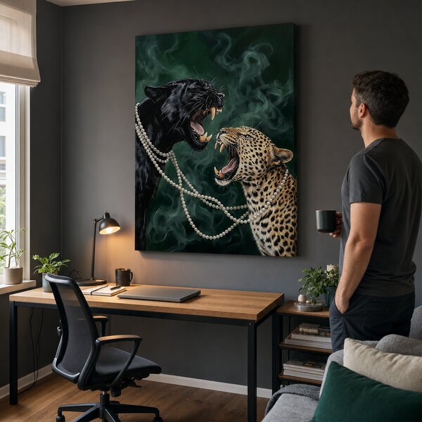Tablou modern cu două feline sălbatice și colier de perle pe pânză - 40x60 cm