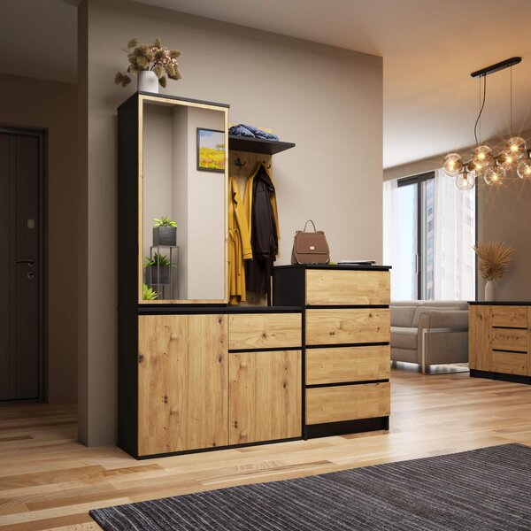 Set mobilier hol Enteruno (negru + stejar artisan) (cu oglindă). Promo -13%. 1128856