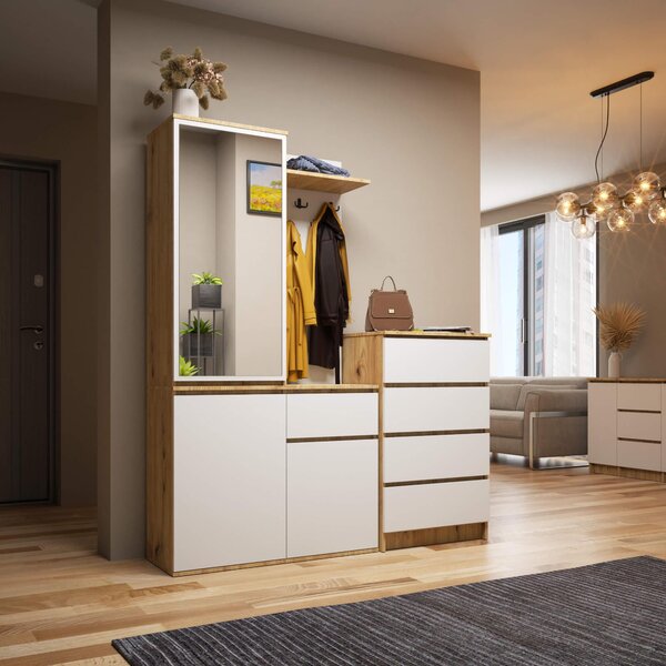 Mobilier hol Enteruno (stejar artisan + alb) (cu oglindă). Promo -19%. 1128859