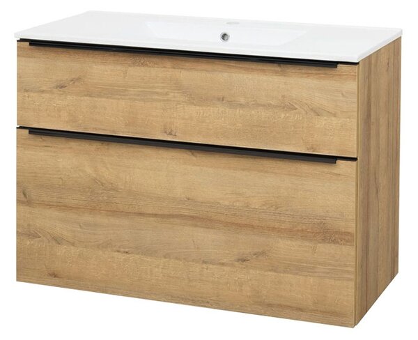 Mereo, Mereo Mailo, mobilier baie cu lavoar ceramic 101 cm, stejar Riviera, mâner negru, MER-CN522B