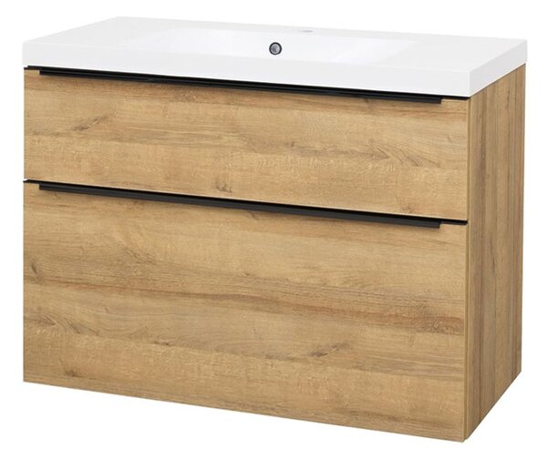 Mereo, Mereo Mailo, mobilier de baie cu lavoar din marmură turnată 101 cm, stejar Riviera, mâner negru, MER-CN522MB