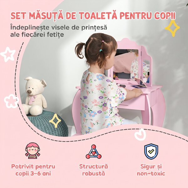 HOMCOM Măsuță de Toaletă pentru Copii cu Scăunel și Oglindă Triplă, din Lemn și Acrilic, 63 x 40 x 85,5 cm, Roz | Aosom Romania