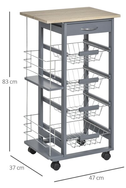 HOMCOM Cărucior de Bucătărie Gri Închis, 1 Sertar, 4 Coșuri Metalice, 2 Etajere, MDF, Lemn de Pin, Metal, 47x37x83cm | Aosom Romania