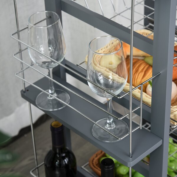 HOMCOM Cărucior de Bucătărie Gri Închis, 1 Sertar, 4 Coșuri Metalice, 2 Etajere, MDF, Lemn de Pin, Metal, 47x37x83cm | Aosom Romania