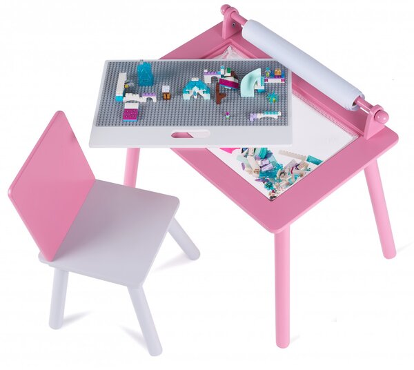 Birou pentru copii Roz, LEGO, din MDF, cu Scaunel, Rola de desen, Spatiu de depozitare, Blat reversibil