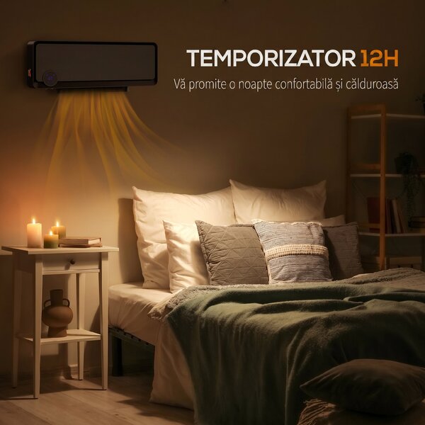HOMCOM Încălzitor electric de perete cu 3 moduri, Negru | Aosom Romania