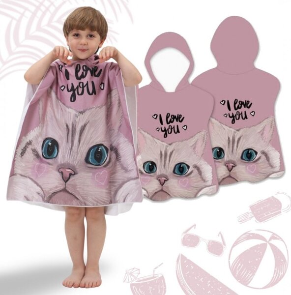 Prosop poncho pentru copii, cu glugă, model pisică, i love you, 60x60 cm, pelerină de plajă, roz
