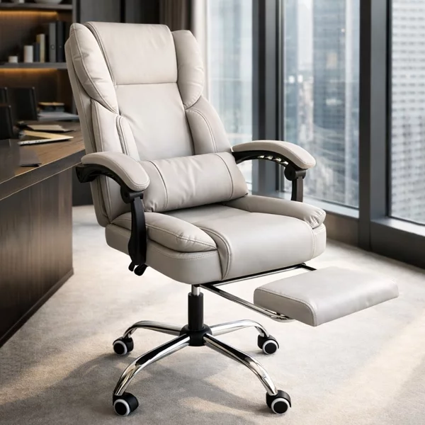 Scaun birou ergonomic skyline, reclinabil 90–155°, suport picioare extensibil, piele ecologică crem, suport lombar, bază metalică, 150 kg, KO51K