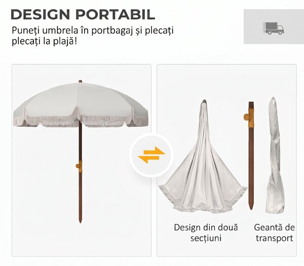 Outsunny Umbrelă de Plajă Portabilă cu Volane în Aer Liber cu Baldachin Ventilat, Geantă de Transport, Ø1.9x2.1 m, Alb-Crem