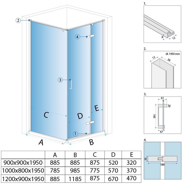Rea Bruno, cabină de duș cu uși batante 100 (ușă) x 80 (perete), sticlă transparentă de 6 mm, cupru mat, REA-K3603