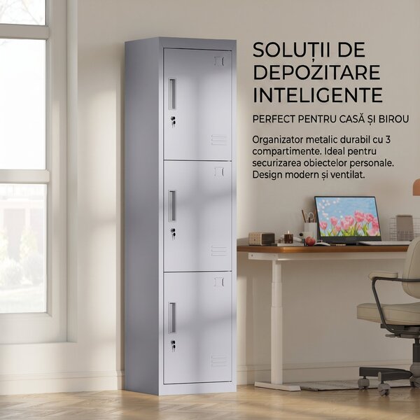 HOMCOM Dulap de birou din oțel cu 3 uși independente cu încuietoare și 2 chei, 45x38x180 cm, gri deschis | Aosom Romania