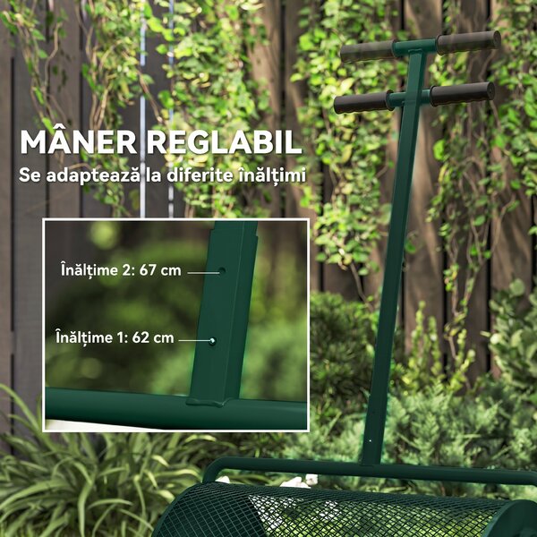 Outsunny Distribuitor de Îngrășământ 75 L din Metal cu Mâner Reglabil în T și Mâner Căptușit, 70x40x112 cm, Verde | Aosom Romania