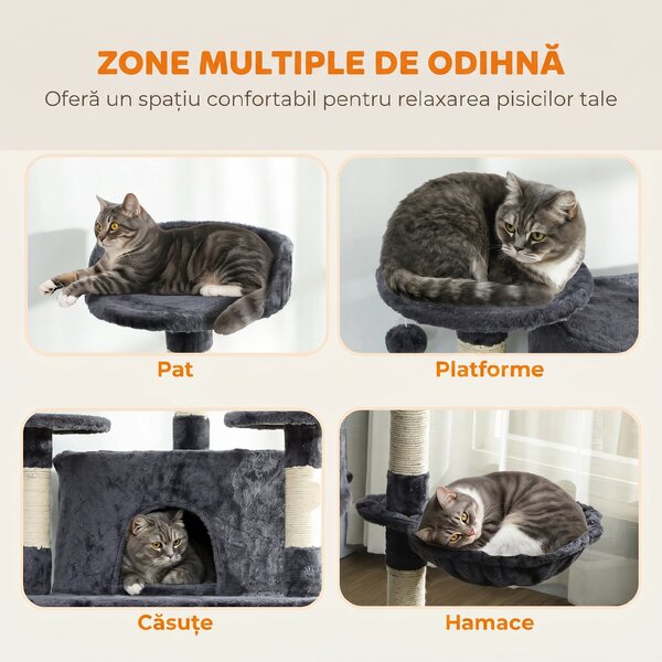 PawHut Copac Stâlp de Zgâriat Per Pisici Înalt 200cm Con Căsuțe E Hamace Gri Închis | Aosom Romania