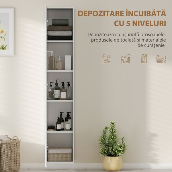 HOMCOM Dulap de Baie Suspendat, Colona de Baie cu 5 Niveluri și Rafturi Reglabile, Închidere Amortizată Soft Close, Dulap Salvaspațiu Modern, 30x31.5x160 cm, Alb | Aosom Romania