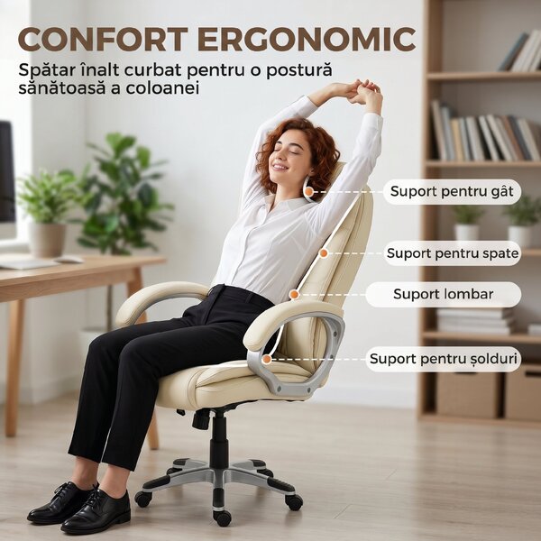HOMCOM Scaun de Birou Rotativ din PU, Funcție Balansare, Spătar Înalt, Înălțime Reglabilă, Capacitate 120kg, Negru | Aosom Romania
