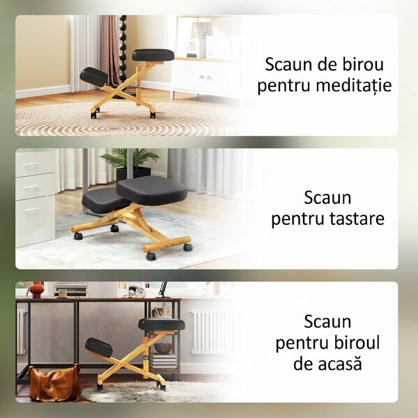HOMCOM Scaun Ergonomic pentru Genunchi cu Înălțime Reglabilă din Lemn cu Rotile, 42x70x42-52 cm, Negru | Aosom Romania