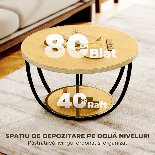 HOMCOM Măsuță de Cafea Rotundă cu 2 Rafturi, Picioare Metalice, Blat Gros, 80x80x43,8 cm, Finisaj Lemn Natur | Aosom Romania