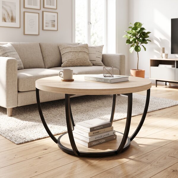 HOMCOM Măsuță de Cafea Rotundă cu 2 Rafturi, Picioare Metalice, Blat Gros, 80x80x43,8 cm, Finisaj Lemn Natur | Aosom Romania