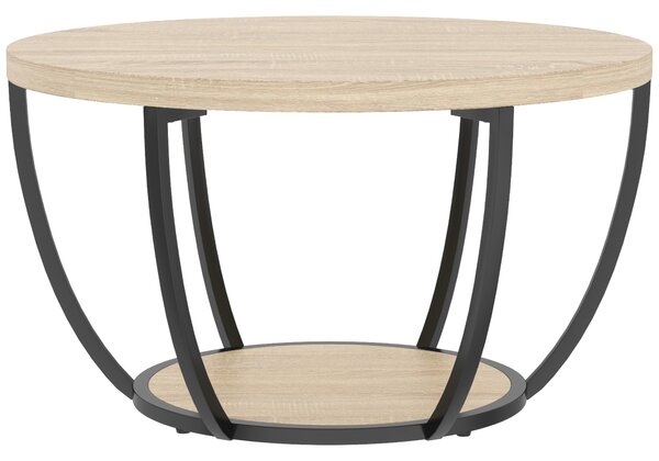 HOMCOM Măsuță de Cafea Rotundă cu 2 Rafturi, Picioare Metalice, Blat Gros, 80x80x43,8 cm, Finisaj Lemn Natur | Aosom Romania