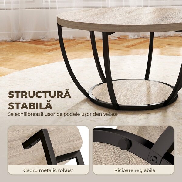 HOMCOM Măsuță de Cafea Rotundă cu 2 Rafturi, Picioare Metalice, Blat Gros, 80x80x43,8 cm, Finisaj Lemn Natur | Aosom Romania