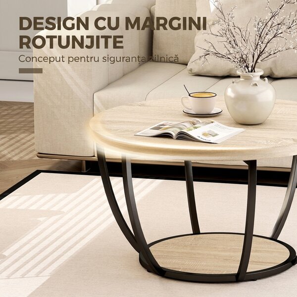 HOMCOM Măsuță de Cafea Rotundă cu 2 Rafturi, Picioare Metalice, Blat Gros, 80x80x43,8 cm, Finisaj Lemn Natur | Aosom Romania