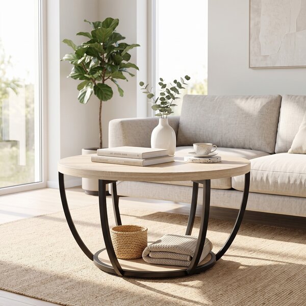 HOMCOM Măsuță de Cafea Rotundă cu 2 Rafturi, Picioare Metalice, Blat Gros, 80x80x43,8 cm, Finisaj Lemn Natur | Aosom Romania