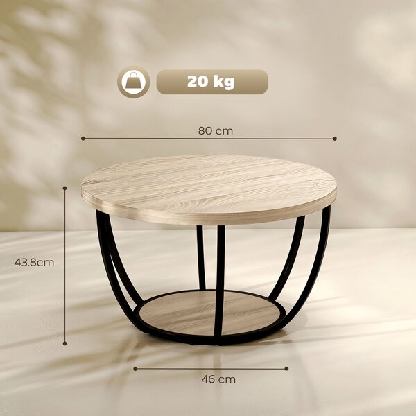 HOMCOM Măsuță de Cafea Rotundă cu 2 Rafturi, Picioare Metalice, Blat Gros, 80x80x43,8 cm, Finisaj Lemn Natur | Aosom Romania