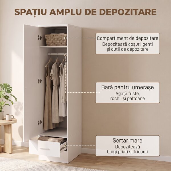 HOMCOM Dulap cu Bară pentru Haine și Sertar pentru Dormitor, Alb | Aosom Romania