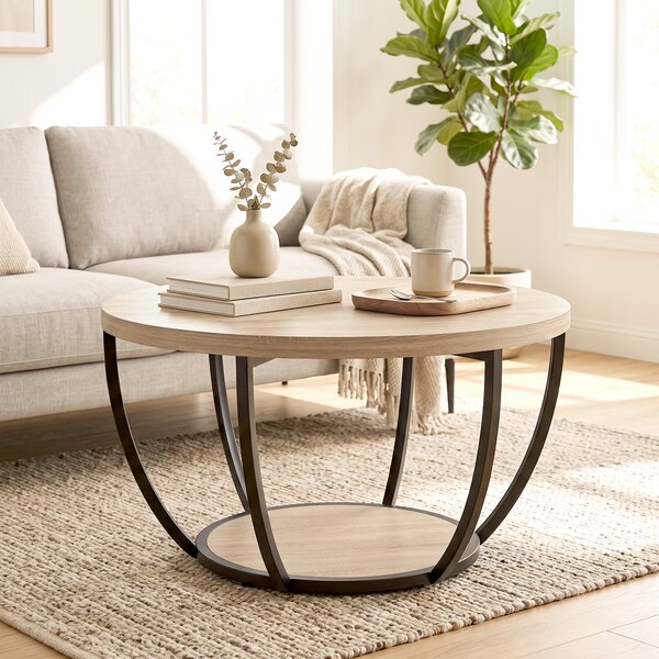 HOMCOM Măsuță de Cafea Rotundă cu 2 Rafturi, Picioare Metalice, Blat Gros, 80x80x43,8 cm, Finisaj Lemn Natur | Aosom Romania