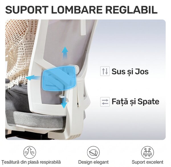 HOMCOM Scaun de Birou Ergonomic și Respirabil cu Suport Lombar Dinamic 4D, 64.5x62.5x112-122 cm, Multicolor | Aosom Romania