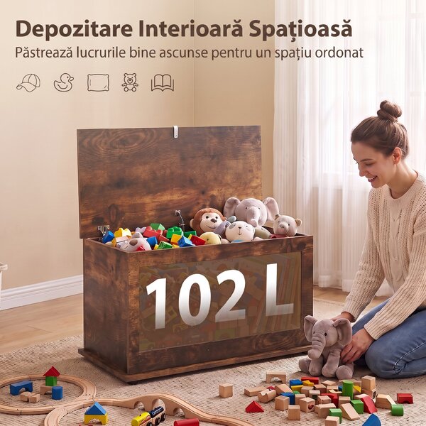 HOMCOM Ladă de Depozitare, Bancă pentru Pantofi cu Capac de Siguranță, pentru Capătul Patului, Maro Rustic | Aosom Romania