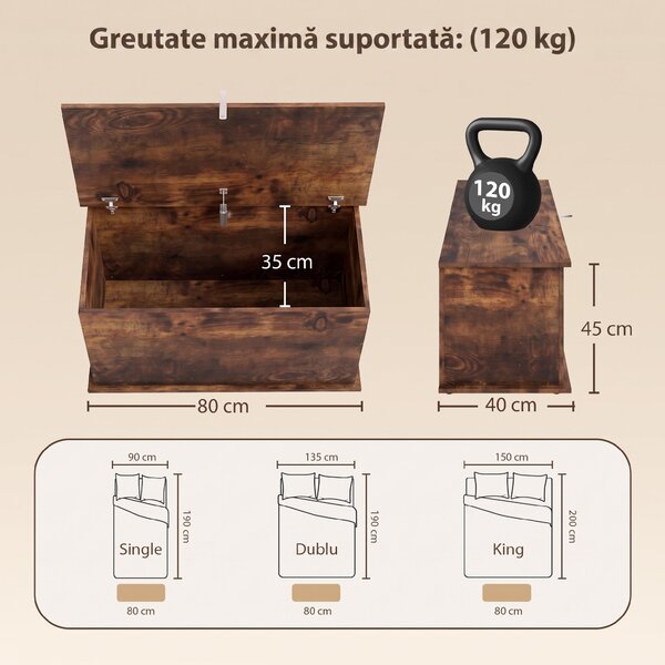 HOMCOM Ladă de Depozitare, Bancă pentru Pantofi cu Capac de Siguranță, pentru Capătul Patului, Maro Rustic | Aosom Romania