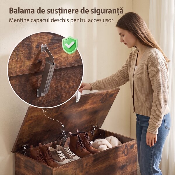 HOMCOM Ladă de Depozitare, Bancă pentru Pantofi cu Capac de Siguranță, pentru Capătul Patului, Maro Rustic | Aosom Romania
