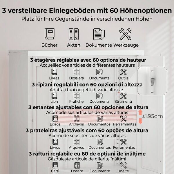 HOMCOM Dulap pentru Birou în Oțel cu 3 Rafturi Reglabile cu Serratură și 2 Chei, 80x40x175 cm, Alb | Aosom Romania