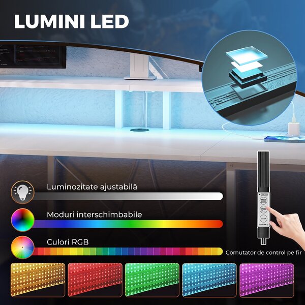 HOMCOM Birou pentru Computer Reversibil cu Rafturi, 120x50 cm, cu Prize și Lumini LED, Alb cu Efect de Lemn | Aosom Romania