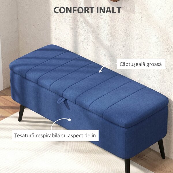 HOMCOM Bancă de depozitare 40", tapițată din material textil cu picioare din oțel pentru Living sau Dormitor, Albastru Închis | Aosom Romania