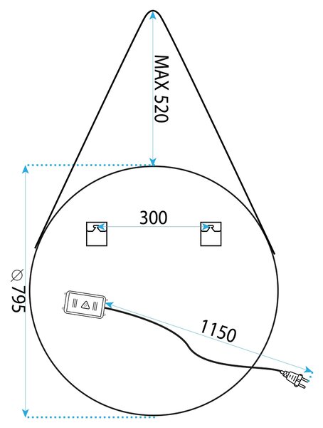 Oglindă Rotundă LED Suspendată pe Curea 80cm 105