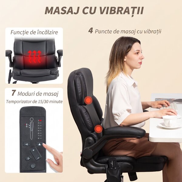 HOMCOM Scaun de Birou Masant Vibrant la 4 Puncte cu Funcție de Dondolo și Încălzire, Scaun de Birou, Scaun pentru Birou în Piele PU cu Brațe Pliabile și Înălțime Reglabilă, Negru | Aosom Romania