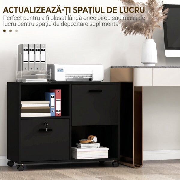 Vinsetto Dulap Mobil de Birou cu 2 Sertare pentru Dosare Rafturi Deschise PAL Manere Oțel Roti Blocare 80x40x66cm Negru | Aosom Romania