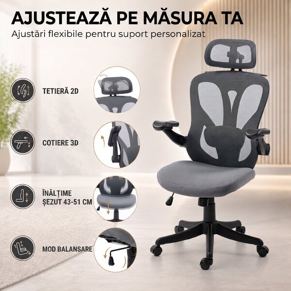 HOMCOM Scaun de Birou Ergonomic cu Tetieră 2D, Cotiere 3D, Înălțime Reglabilă, Mesh Respirabil, Gri Închis | Aosom Romania