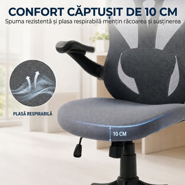 HOMCOM Scaun de Birou Ergonomic cu Tetieră 2D, Cotiere 3D, Înălțime Reglabilă, Mesh Respirabil, Gri Închis | Aosom Romania