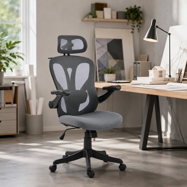 HOMCOM Scaun de Birou Ergonomic cu Tetieră 2D, Cotiere 3D, Înălțime Reglabilă, Mesh Respirabil, Gri Închis | Aosom Romania